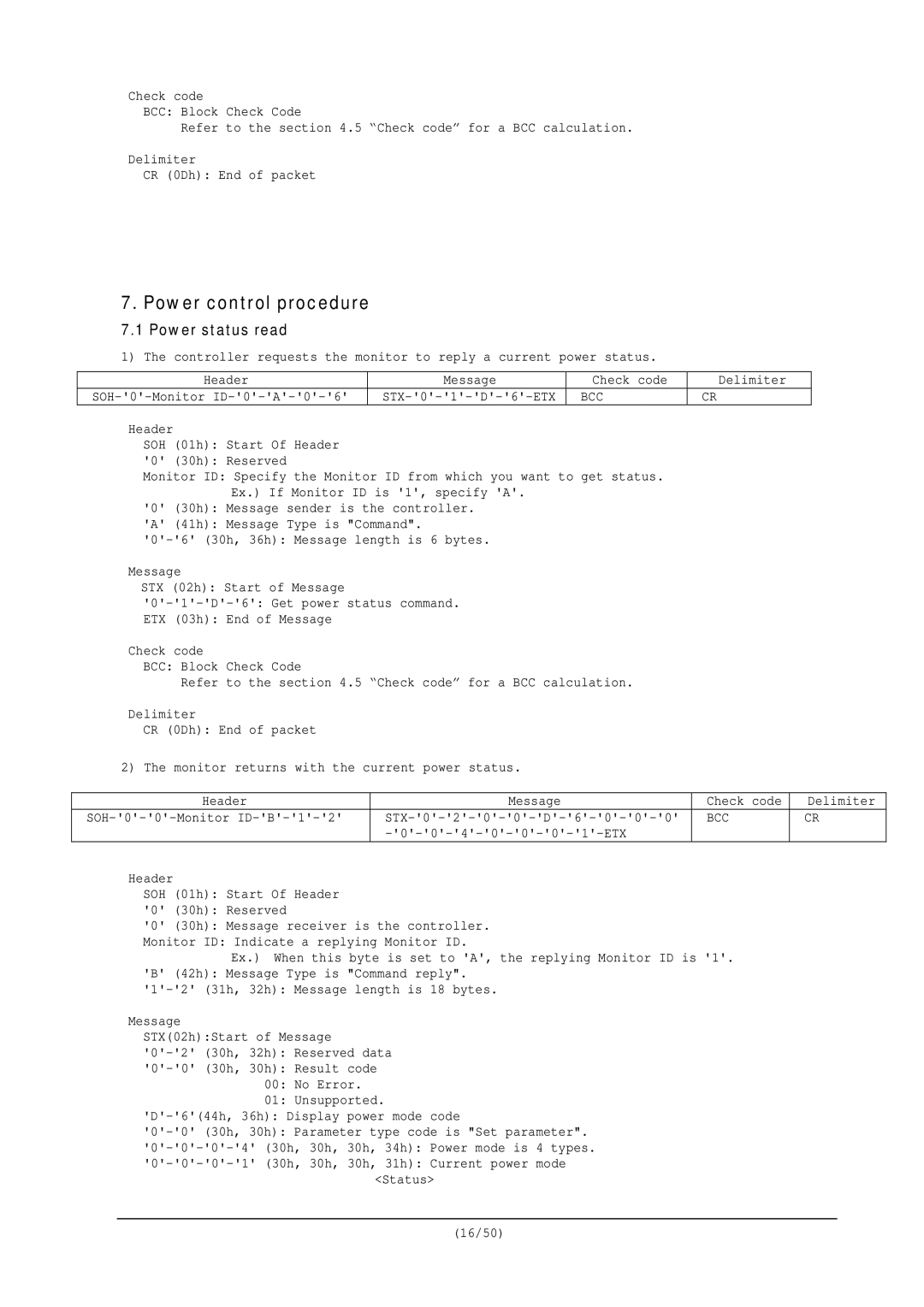 NEC RS-232C user manual Power control procedure, Power status read 