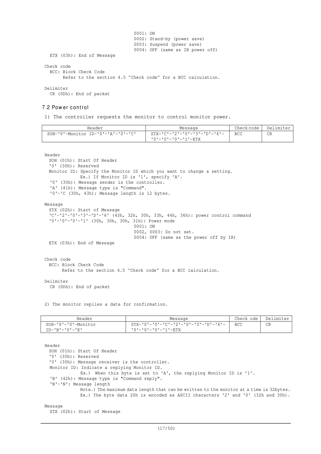 NEC RS-232C user manual Power control, Controller requests the monitor to control monitor power 