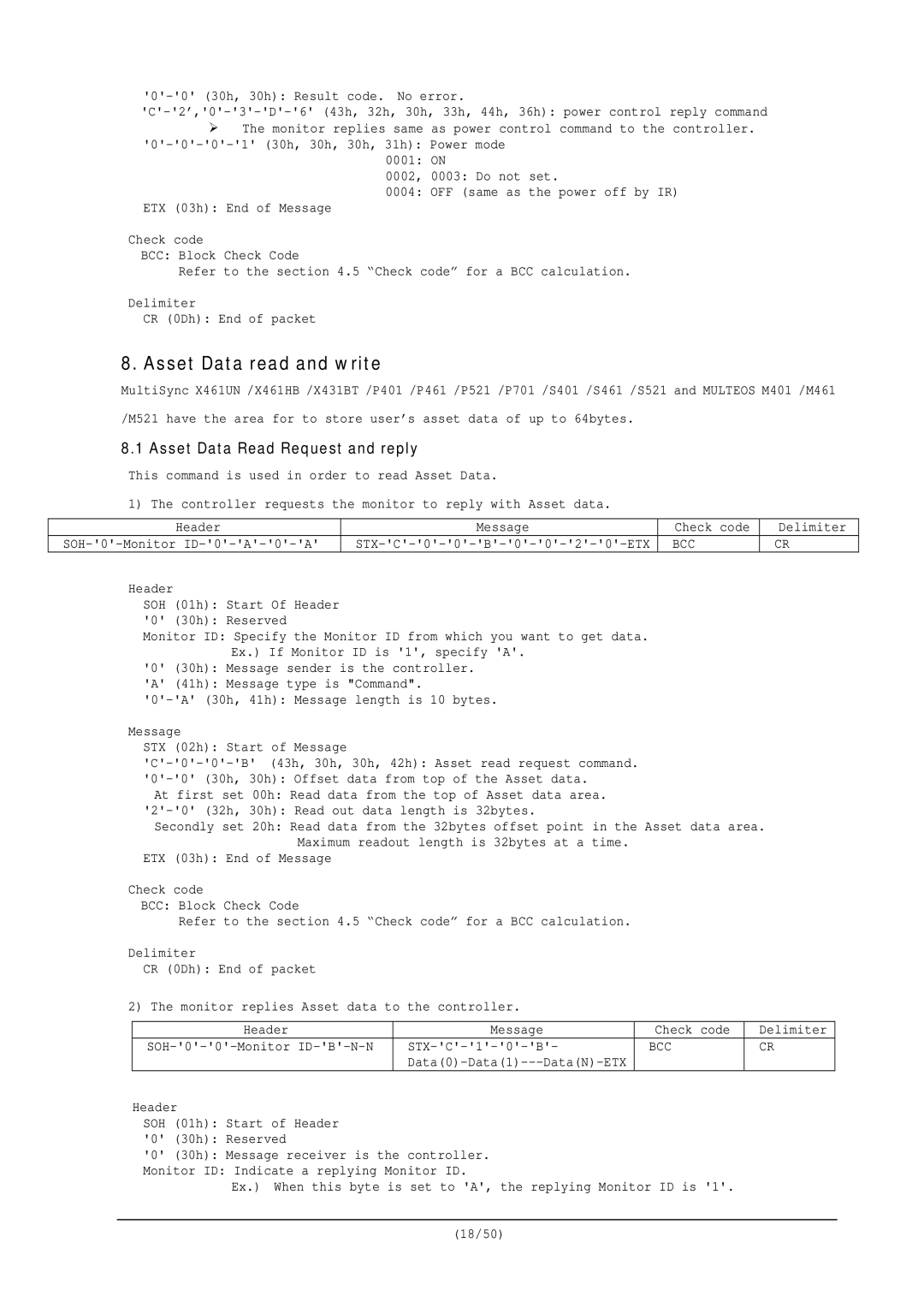 NEC RS-232C user manual Asset Data read and write, Asset Data Read Request and reply 