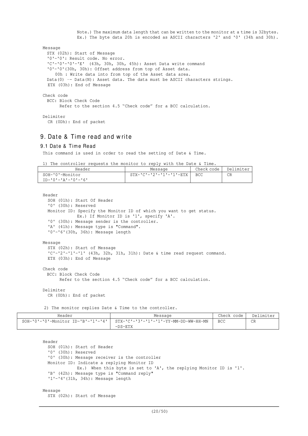 NEC RS-232C user manual Date & Time read and write, Date & Time Read, Bcc Ds-Etx 