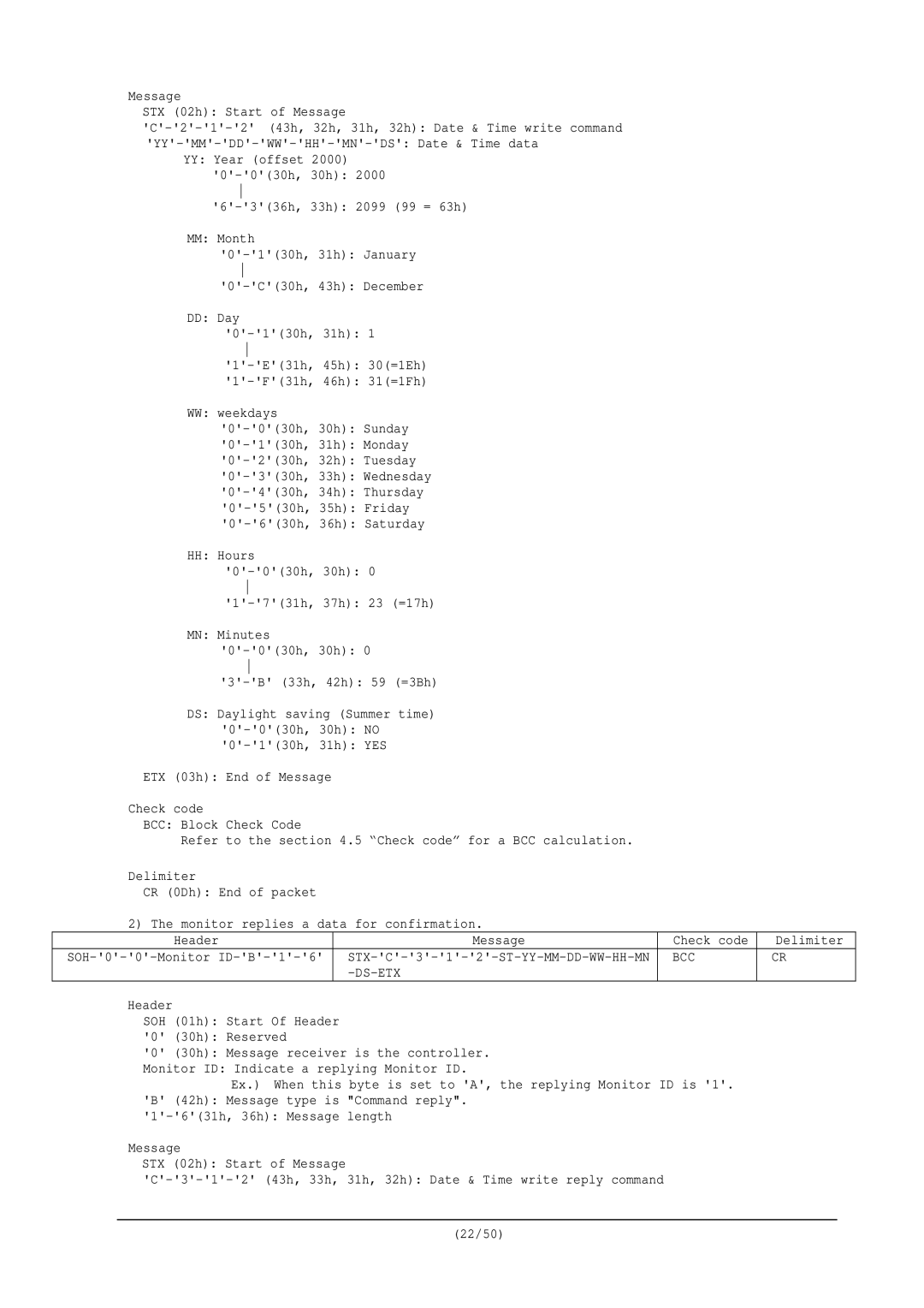 NEC RS-232C user manual Check code Delimiter 