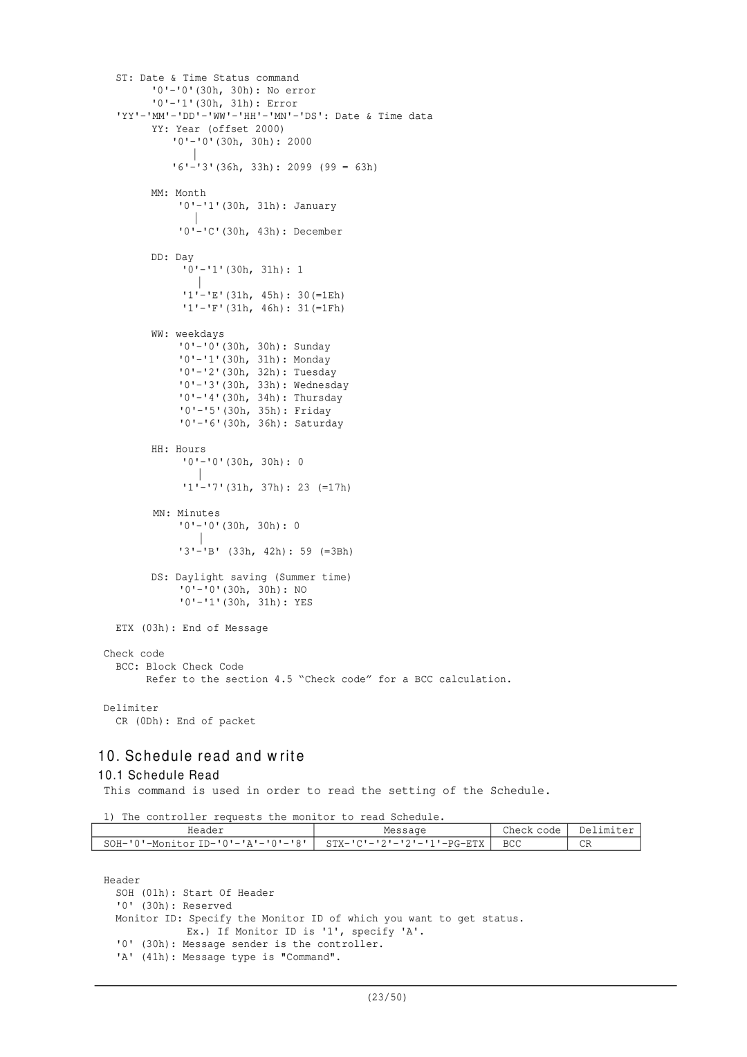 NEC RS-232C user manual Schedule read and write, Schedule Read 