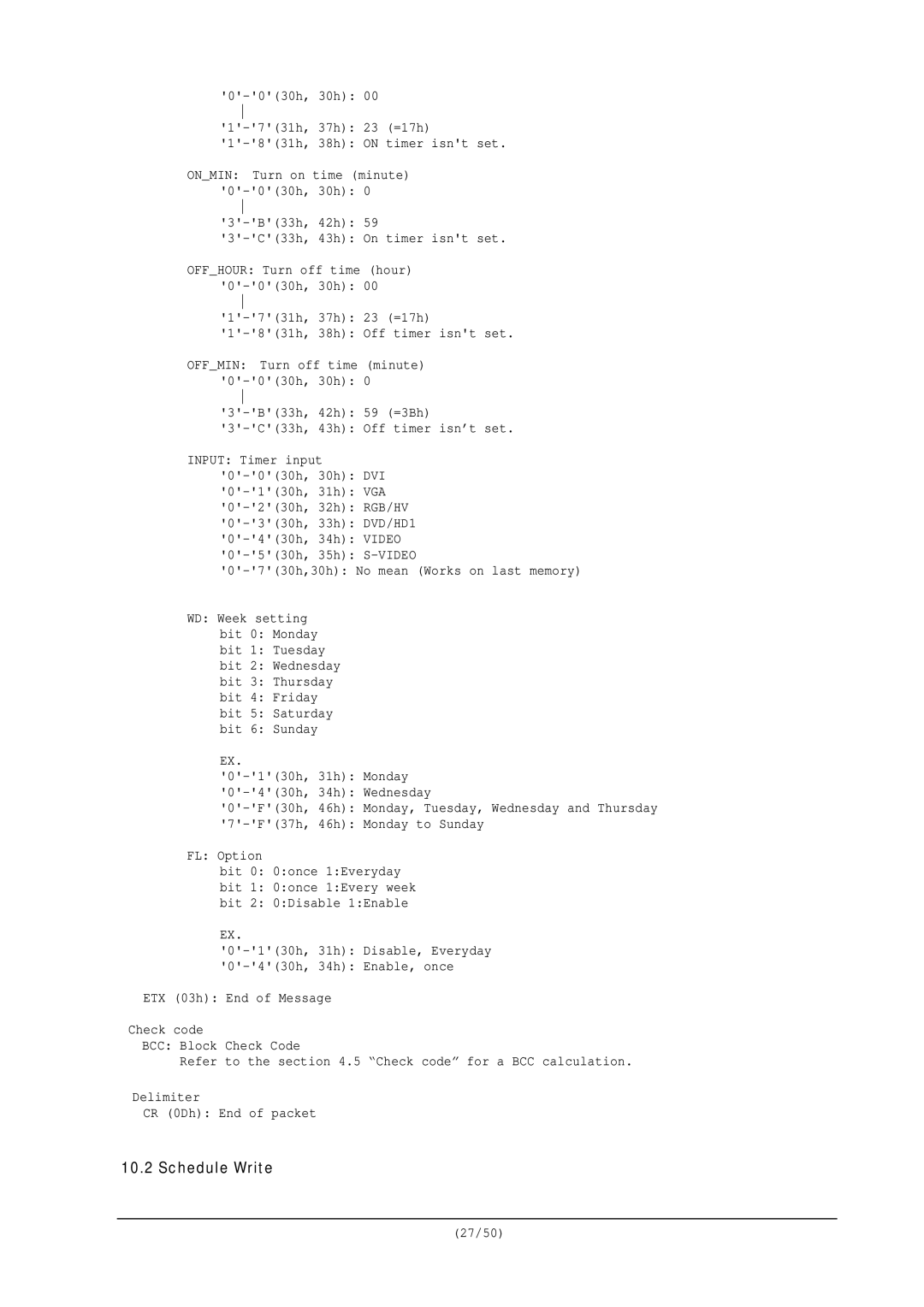 NEC RS-232C user manual Schedule Write, B33h, 42h 59 =3Bh C33h, 43h Off timer isn’t set 