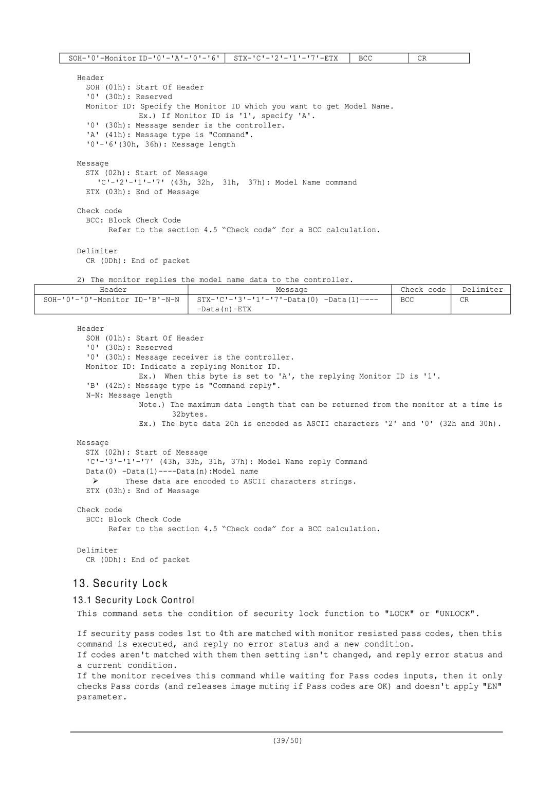 NEC RS-232C user manual Security Lock Control 