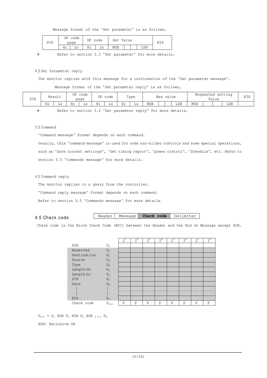 NEC RS-232C user manual Check code, Msb Lsb, Soh 