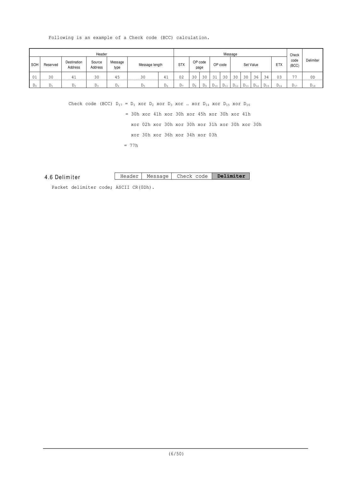 NEC RS-232C user manual Delimiter, Following is an example of a Check code BCC calculation 