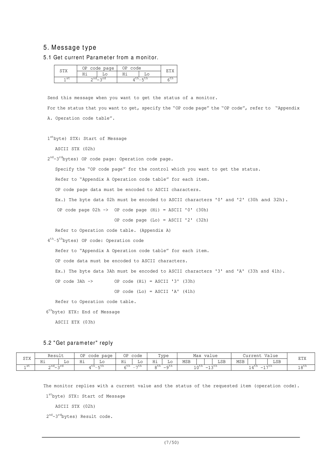 NEC RS-232C user manual Message type, Get current Parameter from a monitor 