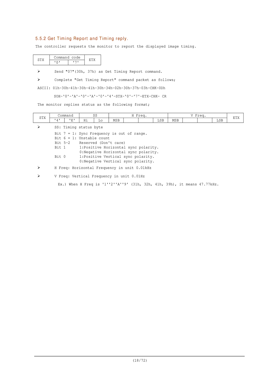 NEC RS-232C manual Get Timing Report and Timing reply,  Send 0730h, 37h as Get Timing Report command 