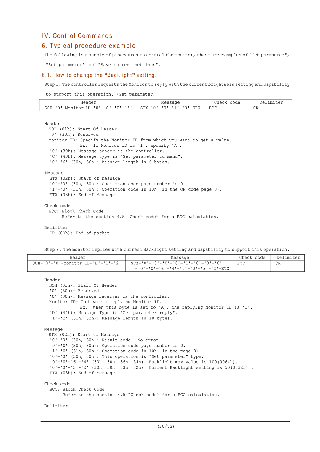 NEC RS-232C manual IV. Control Commands Typical procedure example, How to change the Backlight setting, Bcc 