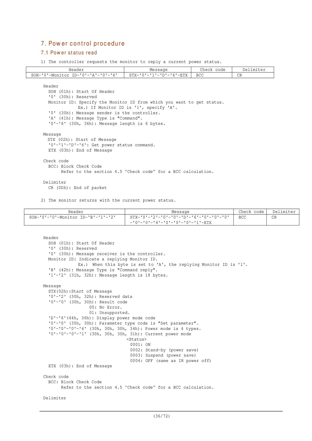 NEC RS-232C manual Power control procedure, Power status read 