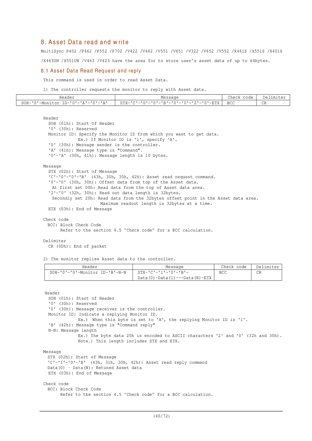 NEC RS-232C manual Asset Data read and write, Asset Data Read Request and reply 