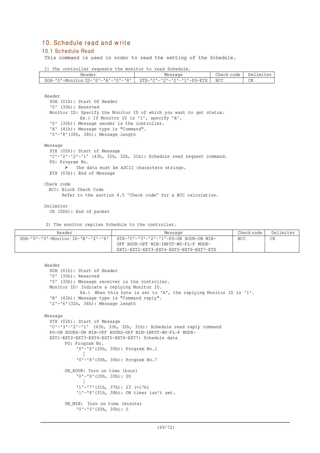 NEC RS-232C manual Schedule read and write, Schedule Read 