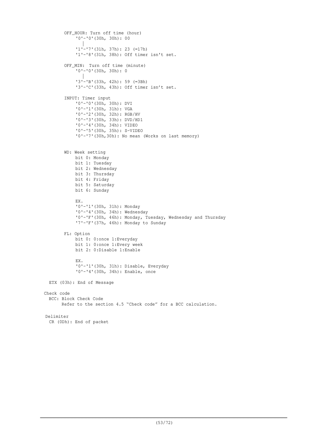 NEC RS-232C manual B33h, 42h 59 =3Bh C33h, 43h Off timer isn’t set 