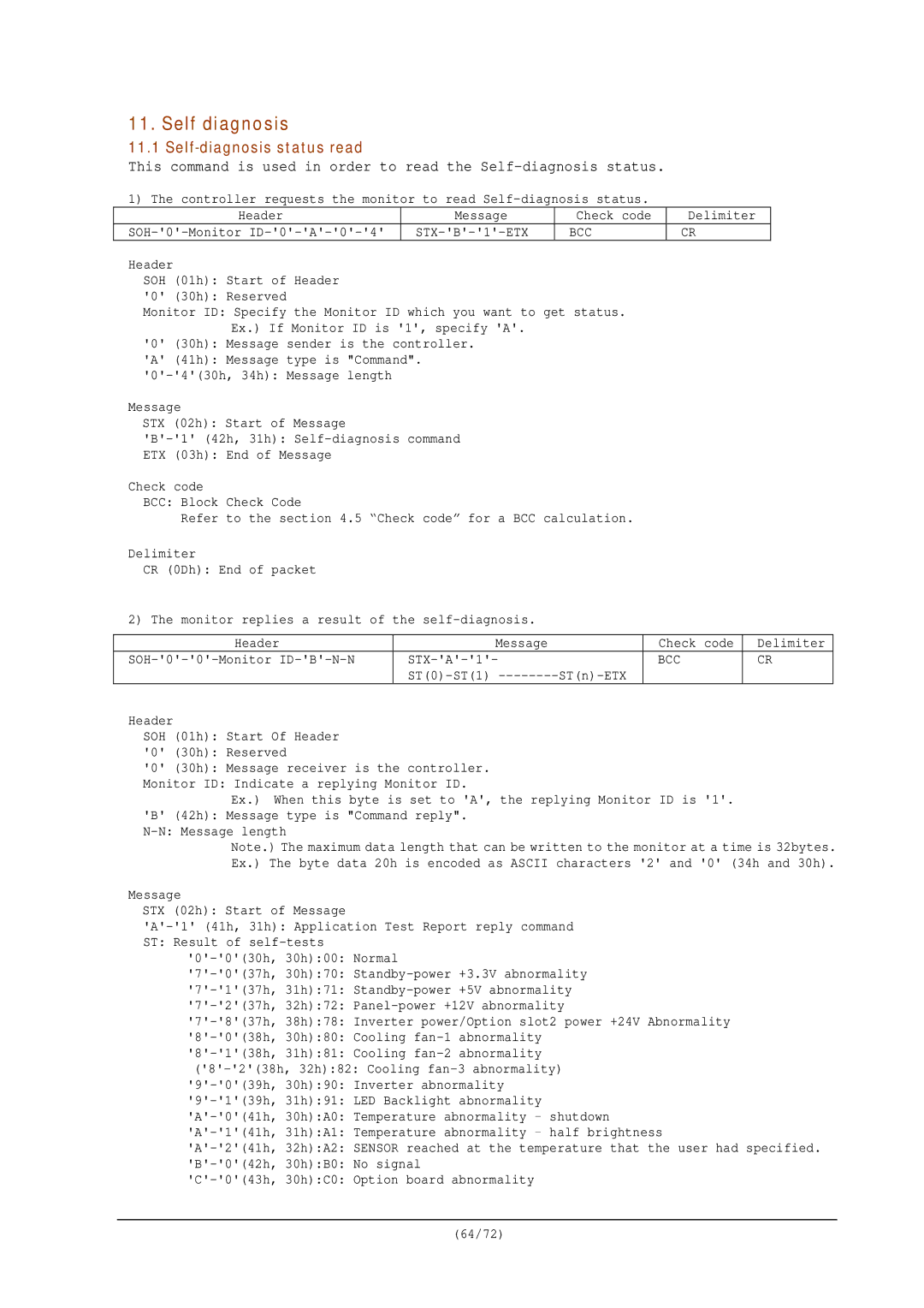 NEC RS-232C manual Self diagnosis, Self-diagnosis status read 