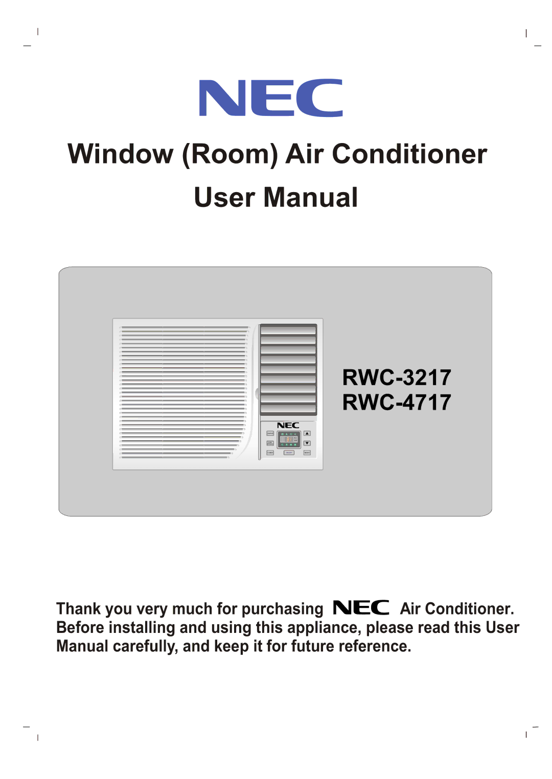 NEC RWC-4717, RWC-3217 user manual Window Room Air Conditioner 