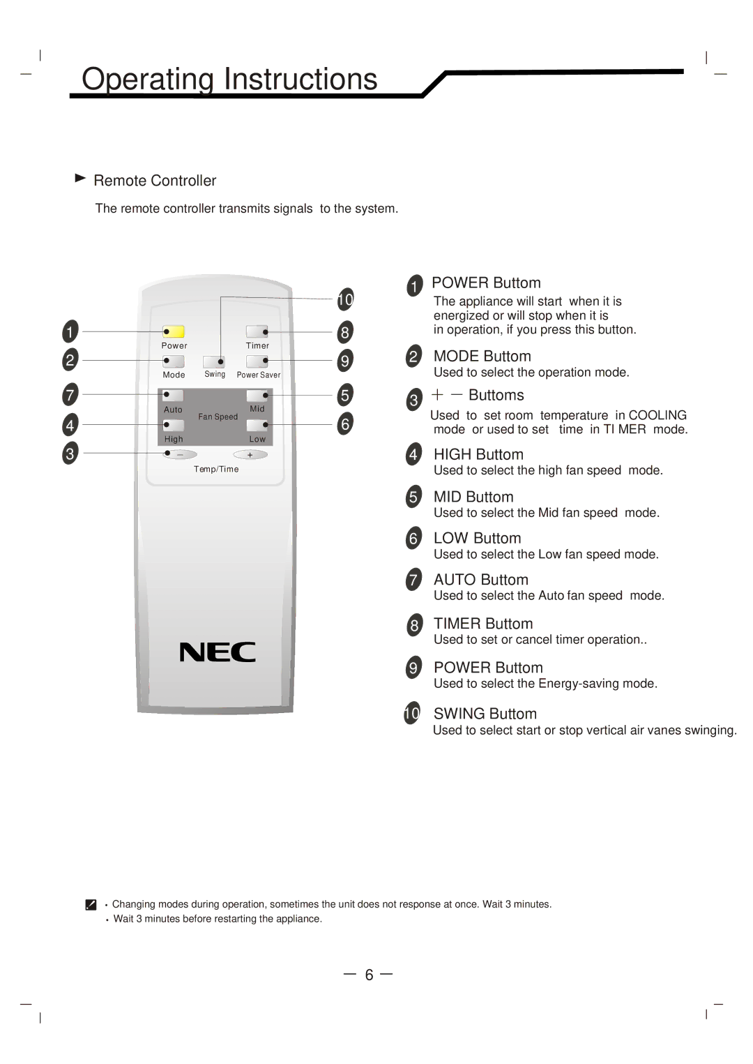 NEC RWC-4717, RWC-3217 user manual Mode Buttom 