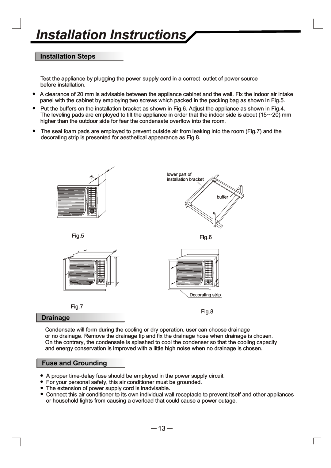 NEC RWC-3217, RWC-4717 user manual Installation Instructions, Accessories, Installation Steps, Drainage, Fuse and Grounding 