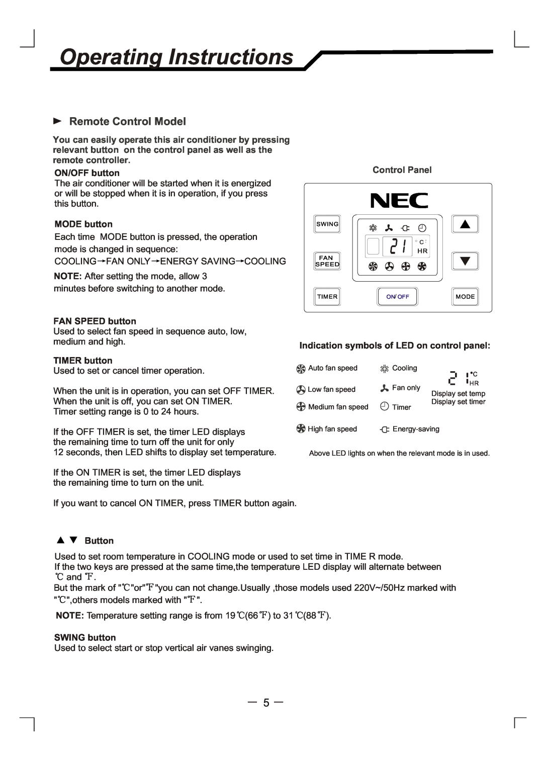 NEC RWC-3217 Operating Instructions, Remote Control Model, ON/OFF button, MODE button, FAN SPEED button, TIMER button 