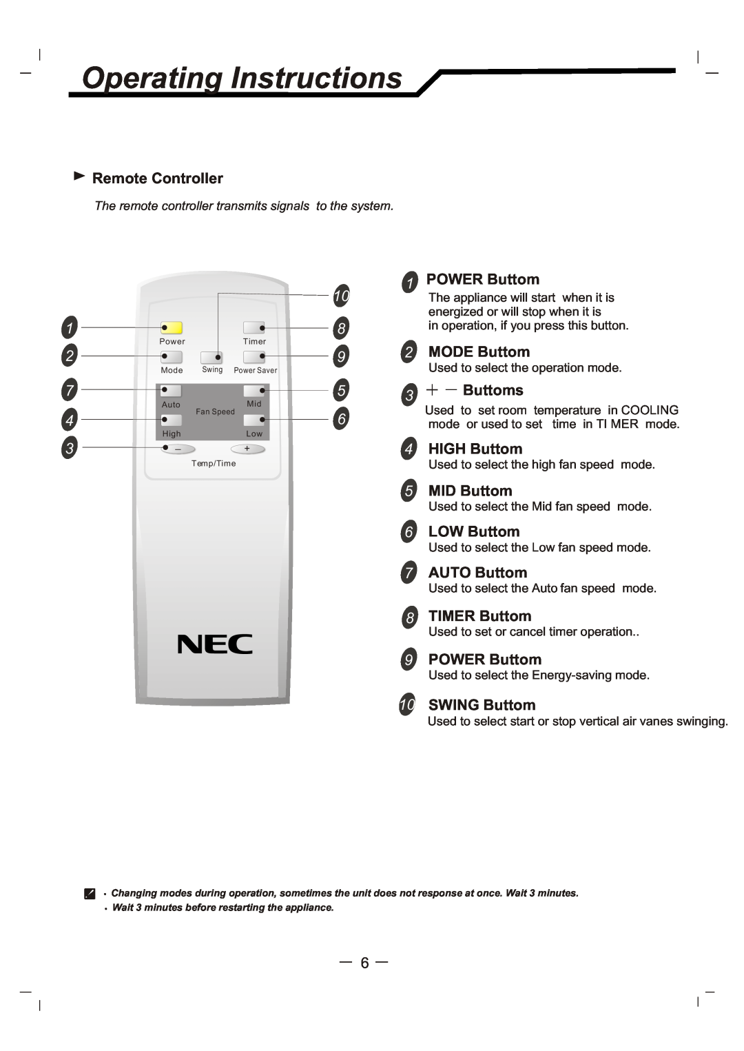 NEC RWC-4717, RWC-3217 user manual Operating Instructions, Remote Controller, 1 2 7 4 