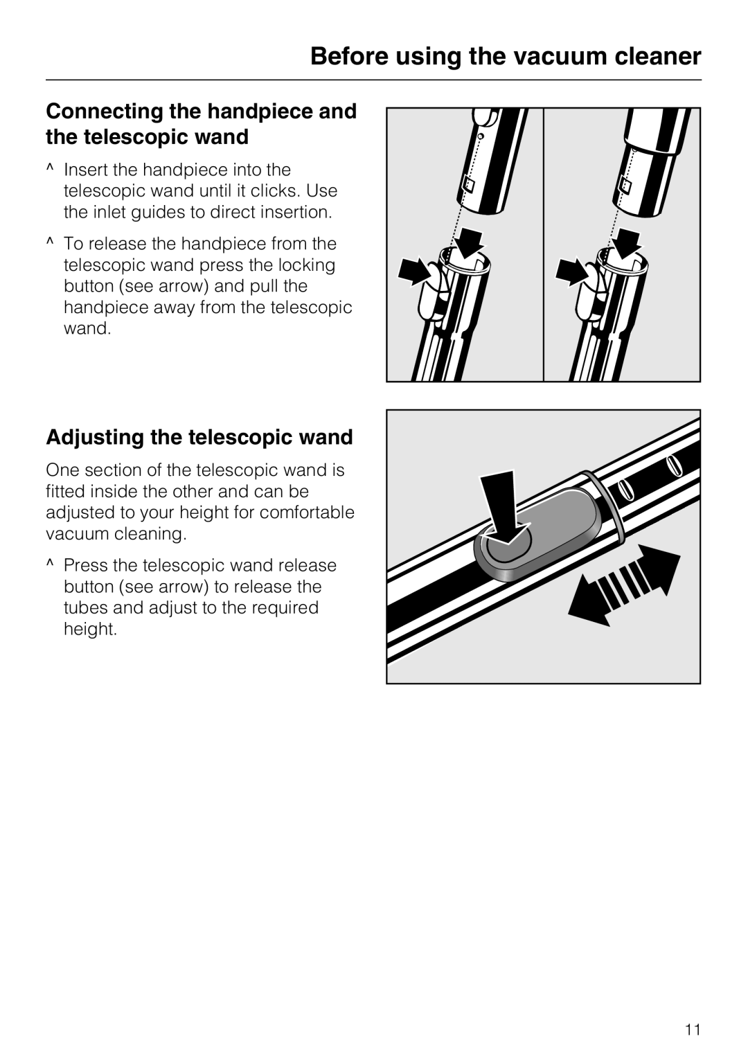 NEC S 5000 operating instructions Connecting the handpiece and the telescopic wand, Adjusting the telescopic wand 