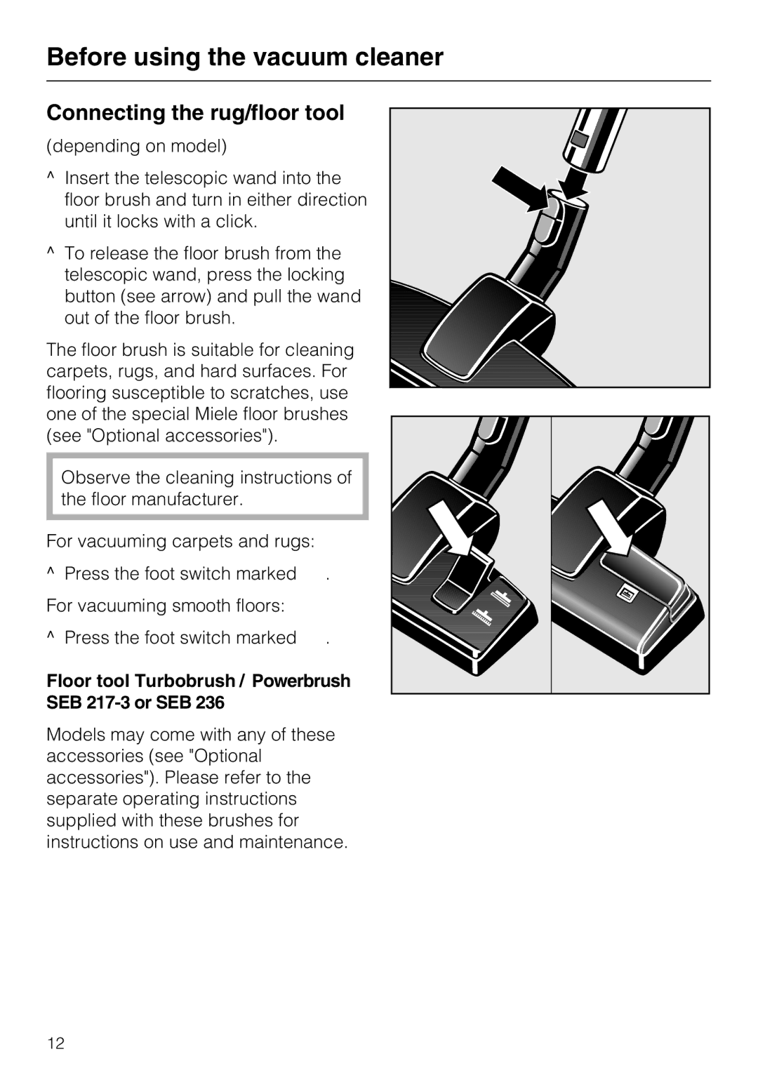 NEC S 5000 operating instructions Connecting the rug/floor tool, Floor tool Turbobrush / Powerbrush SEB 217-3 or SEB 