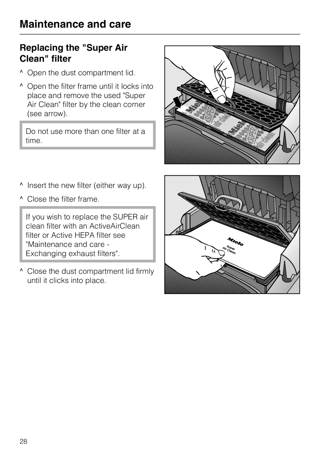 NEC S 5000 operating instructions Replacing the Super Air Clean filter 