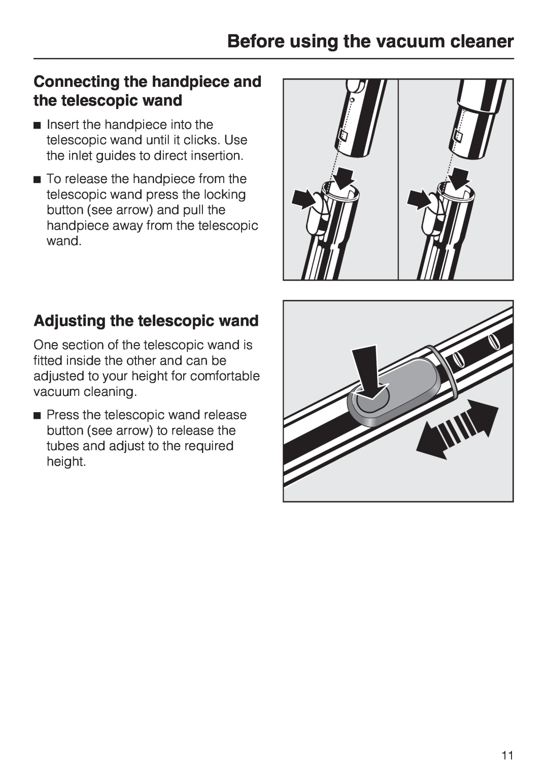 NEC S 5000 operating instructions Connecting the handpiece and the telescopic wand, Adjusting the telescopic wand 