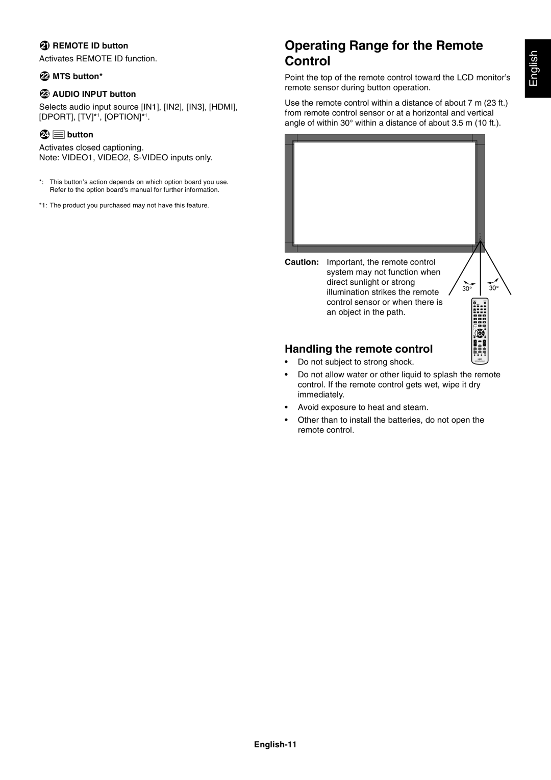 NEC S461AVT, S401AVT user manual Operating Range for the Remote Control, Handling the remote control 