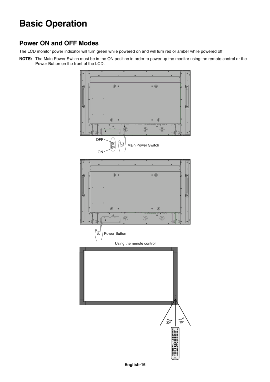 NEC S401AVT, S461AVT user manual Basic Operation, Power on and OFF Modes, English-16, Off 