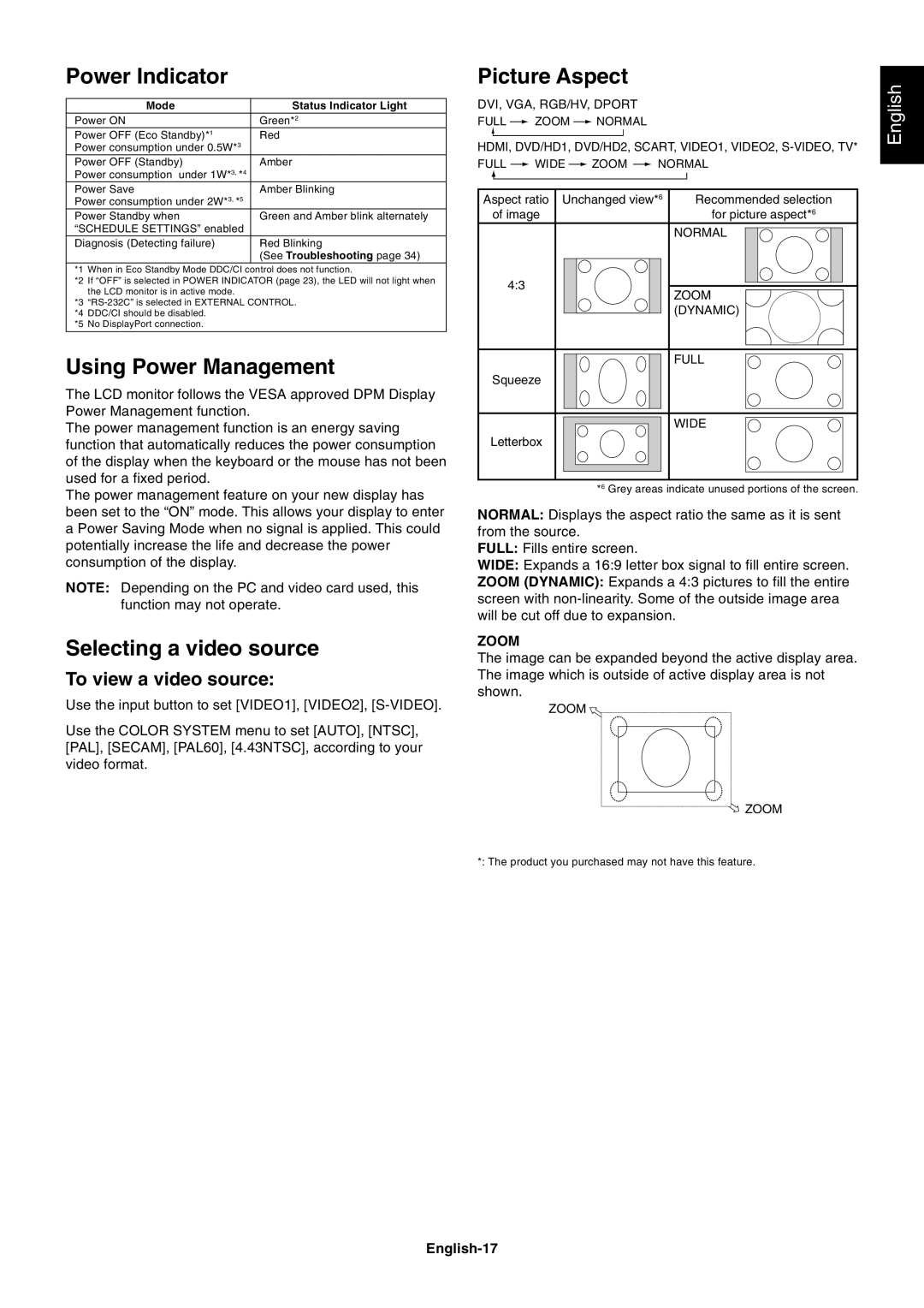 NEC S461AVT Power Indicator, Using Power Management, Selecting a video source, Picture Aspect, To view a video source 