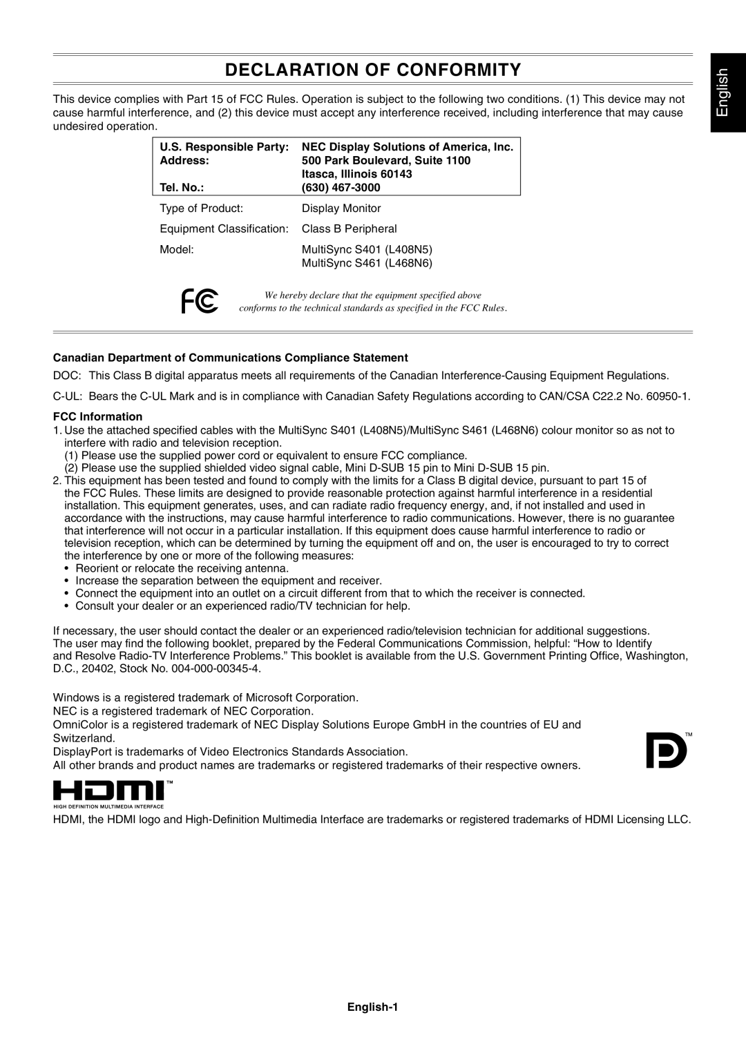 NEC S461AVT, S401AVT user manual Canadian Department of Communications Compliance Statement, FCC Information, English-1 