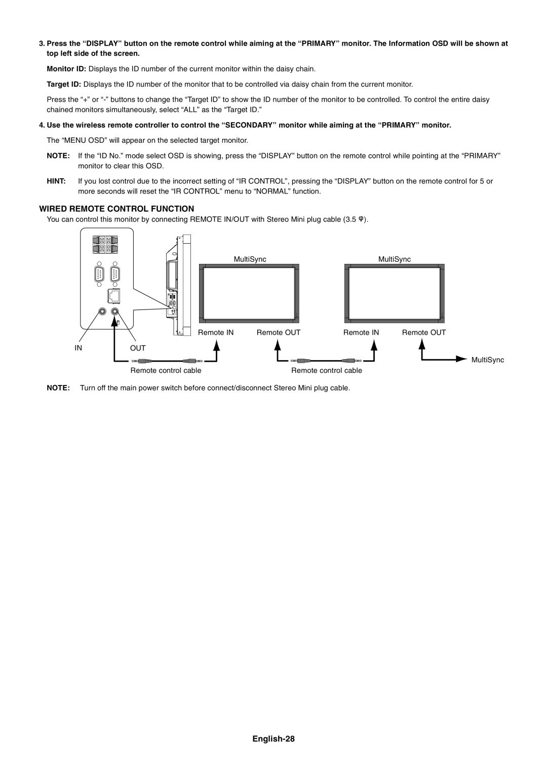 NEC S401AVT, S461AVT user manual Wired Remote Control Function, English-28, Inout 