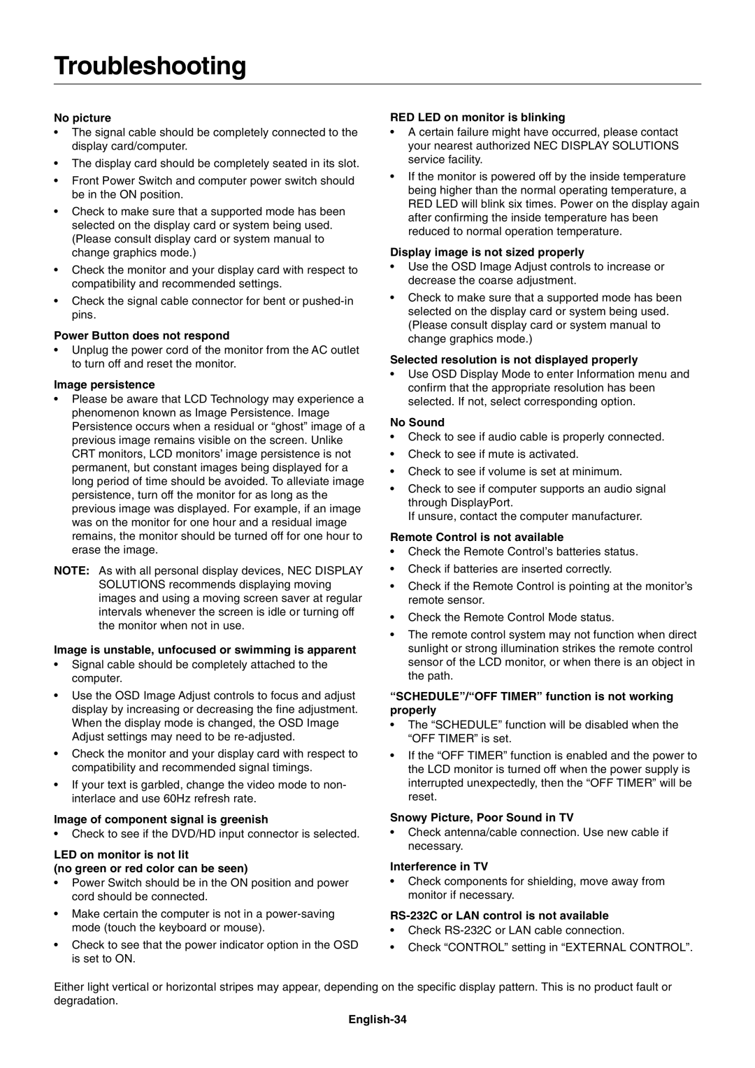 NEC S401AVT, S461AVT user manual Troubleshooting 