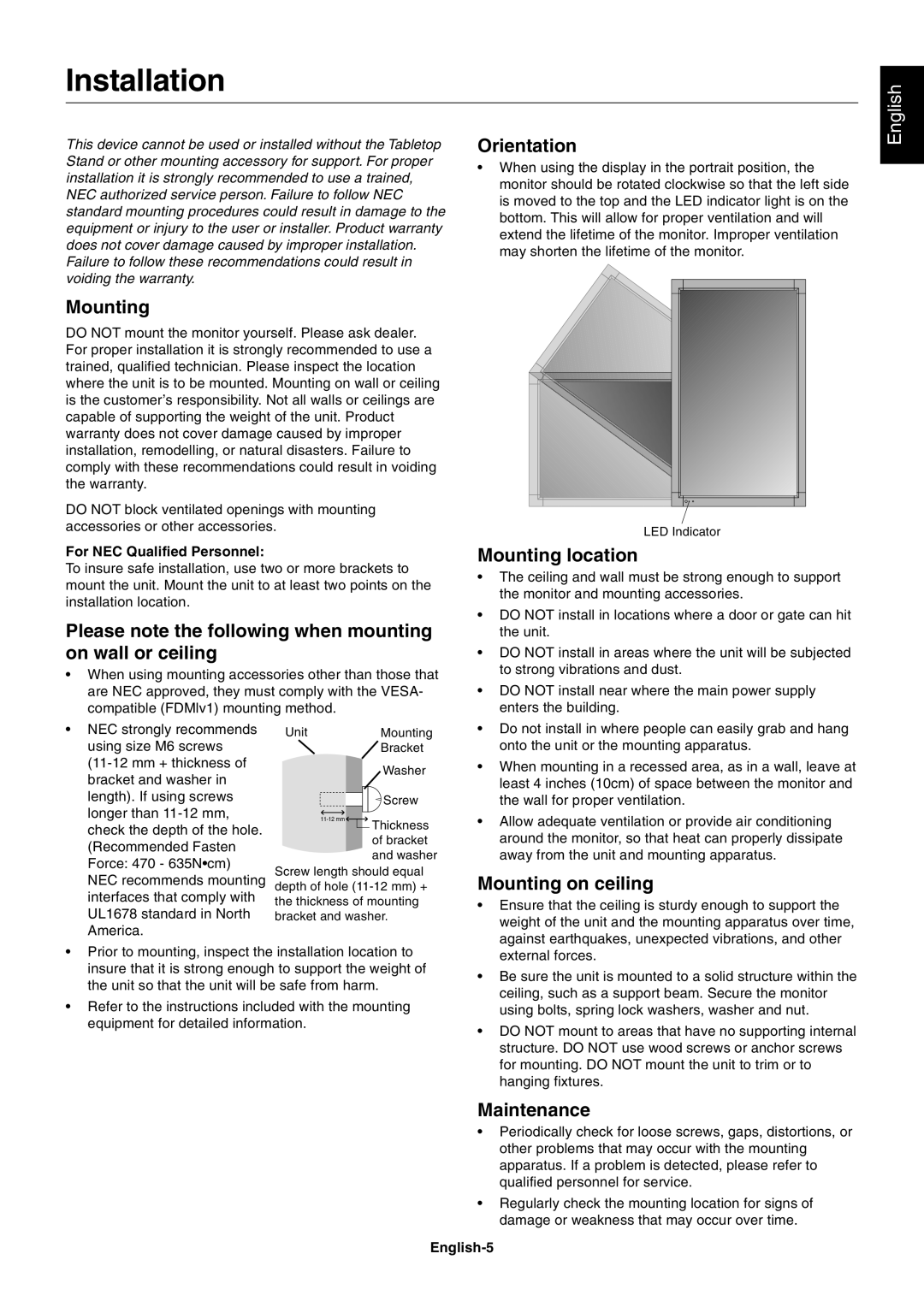 NEC S461AVT, S401AVT user manual Installation 