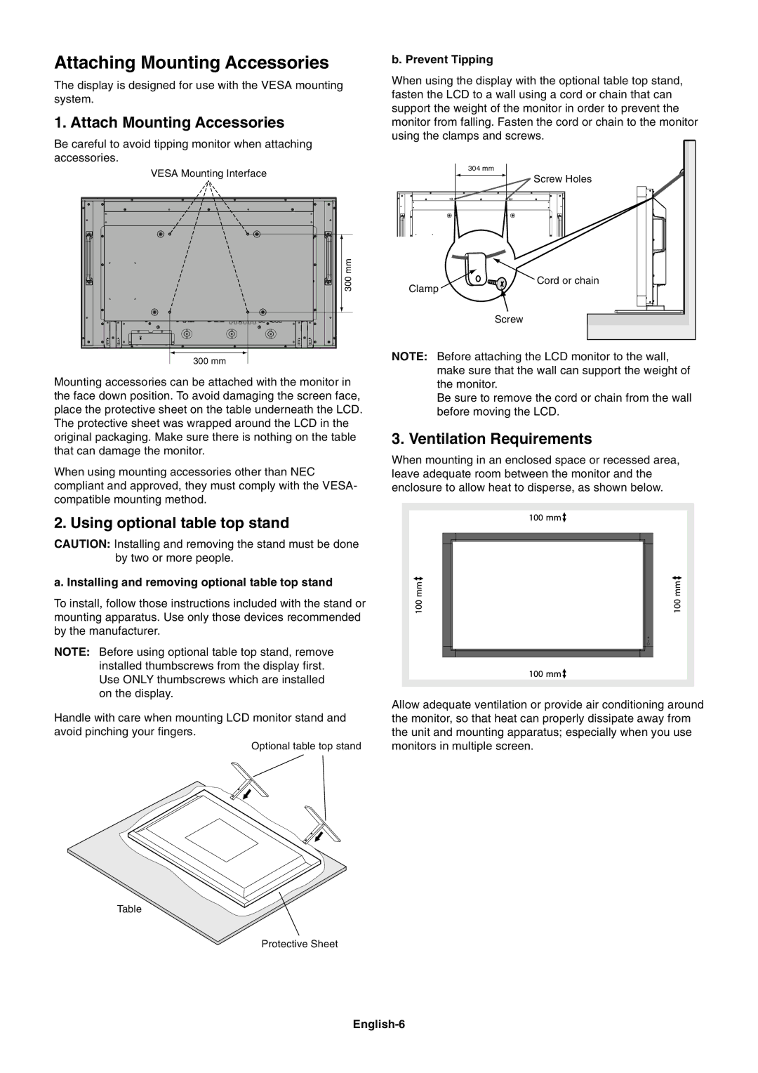 NEC S401AVT, S461AVT user manual Attaching Mounting Accessories, Attach Mounting Accessories, Using optional table top stand 