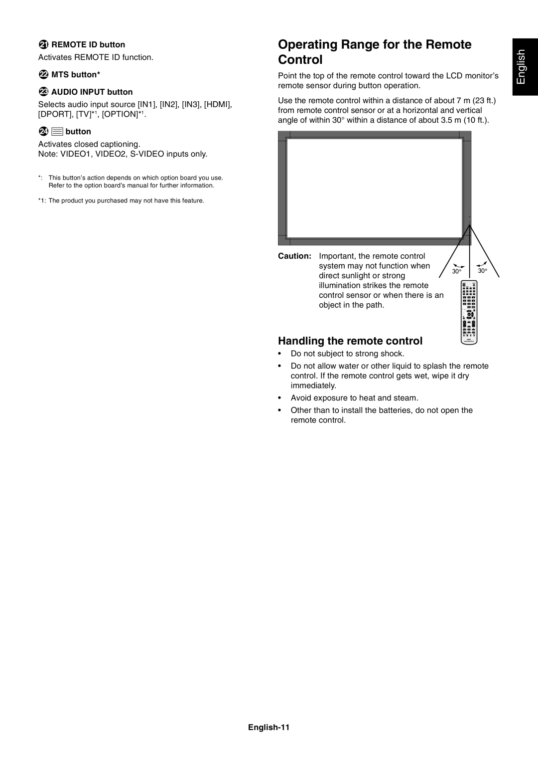 NEC S521 user manual Operating Range for the Remote Control, Handling the remote control 