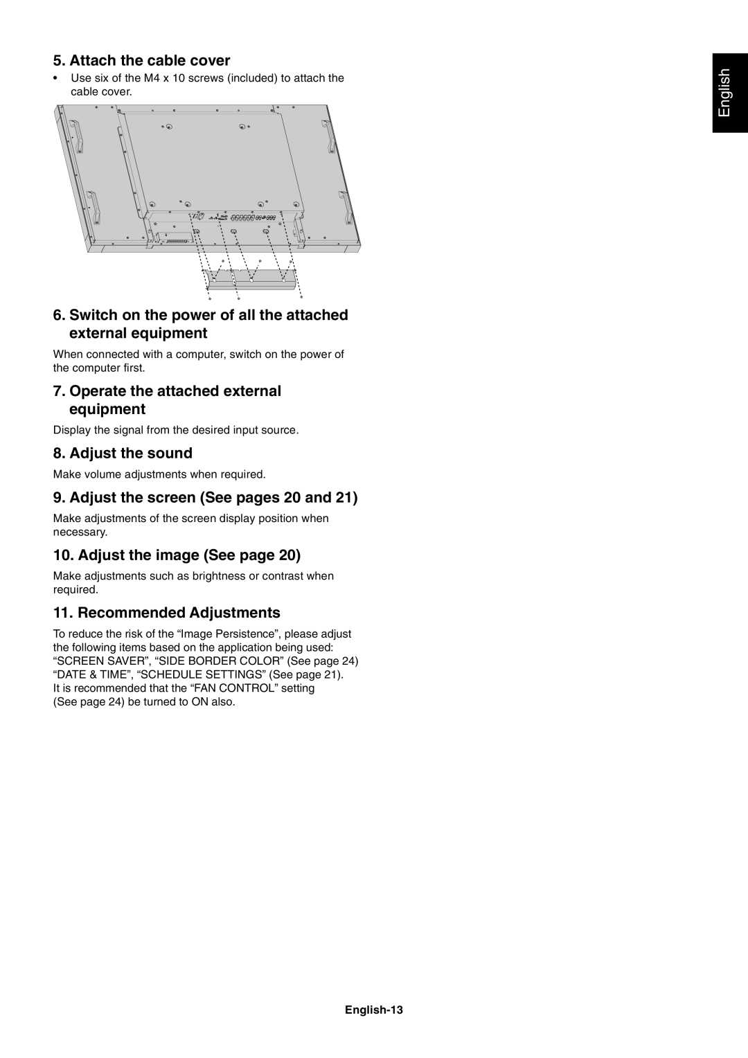 NEC S521 user manual Attach the cable cover, Switch on the power of all the attached external equipment, Adjust the sound 