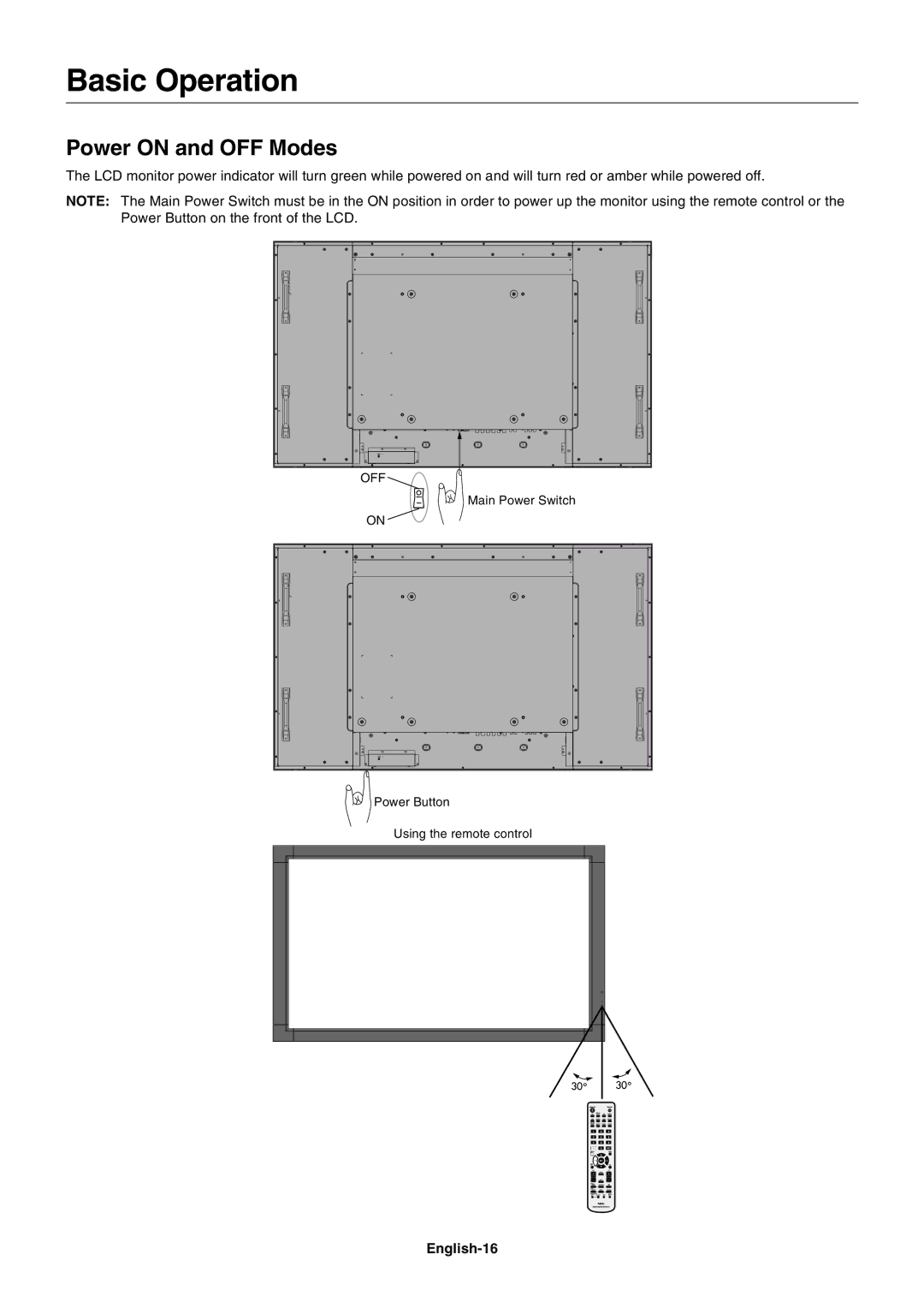 NEC S521 user manual Basic Operation, Power on and OFF Modes, English-16, Off 