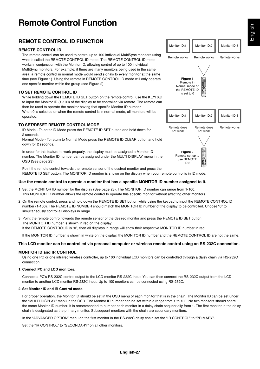 NEC S521 user manual Remote Control Function, To SET Remote Control ID, To SET/RESET Remote Control Mode, English-27 