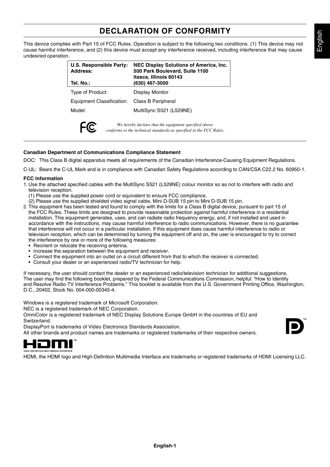 NEC S521 user manual Canadian Department of Communications Compliance Statement, FCC Information, English-1 