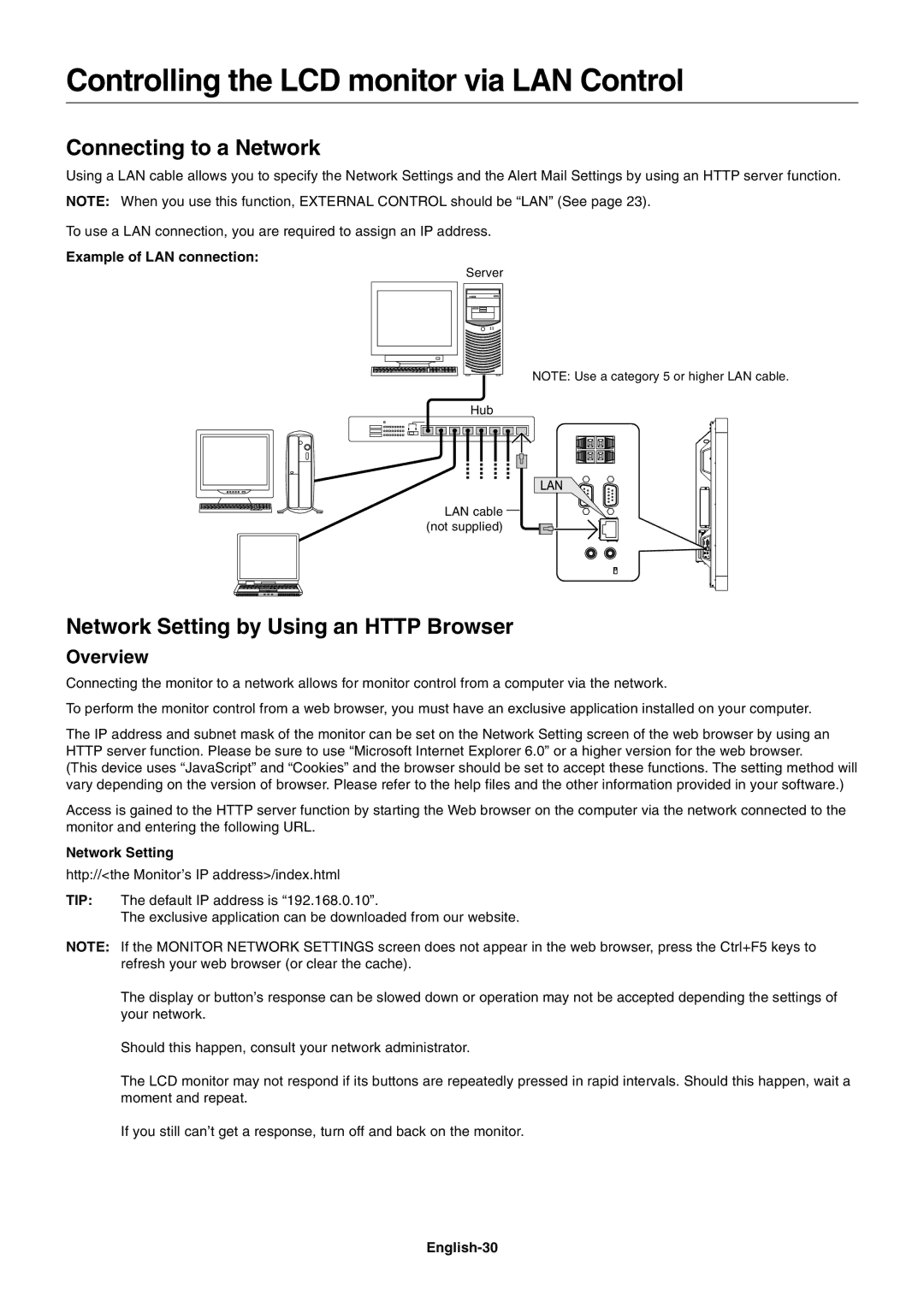 NEC S521 Controlling the LCD monitor via LAN Control, Connecting to a Network, Network Setting by Using an Http Browser 