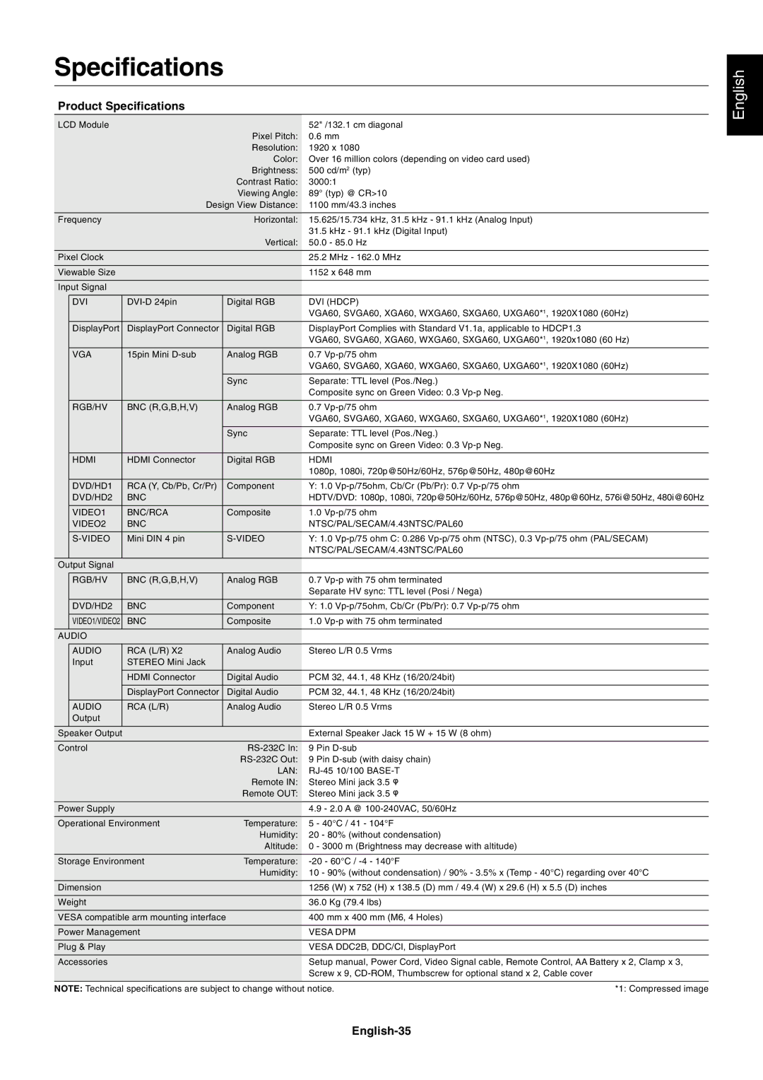 NEC S521 user manual Product Specifications, English-35 