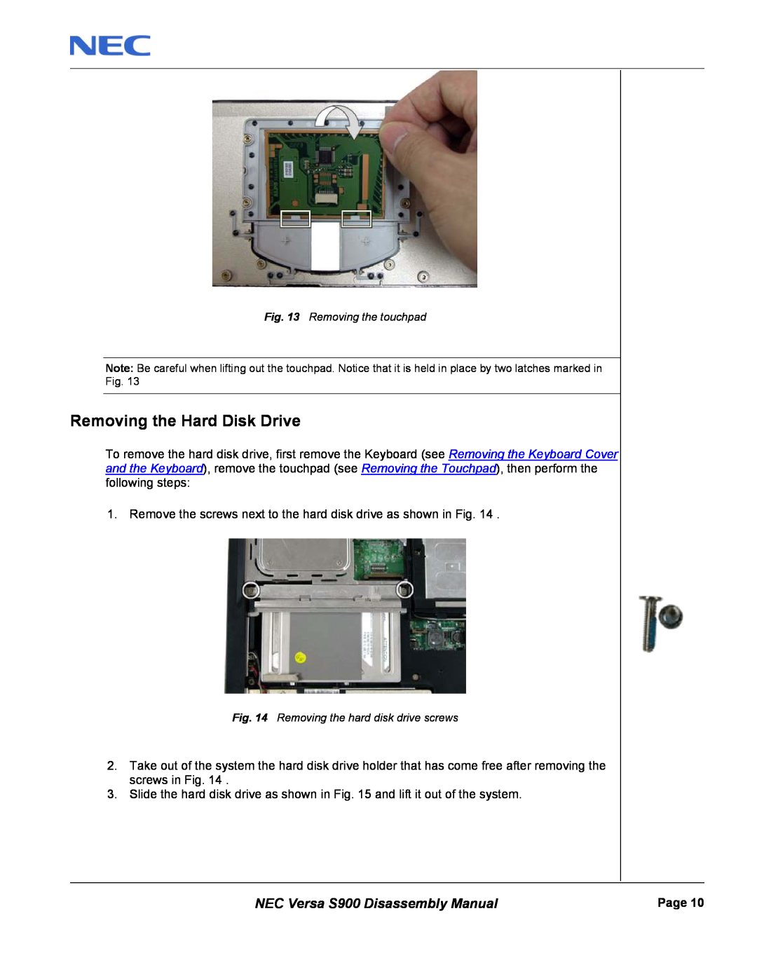 NEC manual Removing the Hard Disk Drive, NEC Versa S900 Disassembly Manual, Removing the touchpad 
