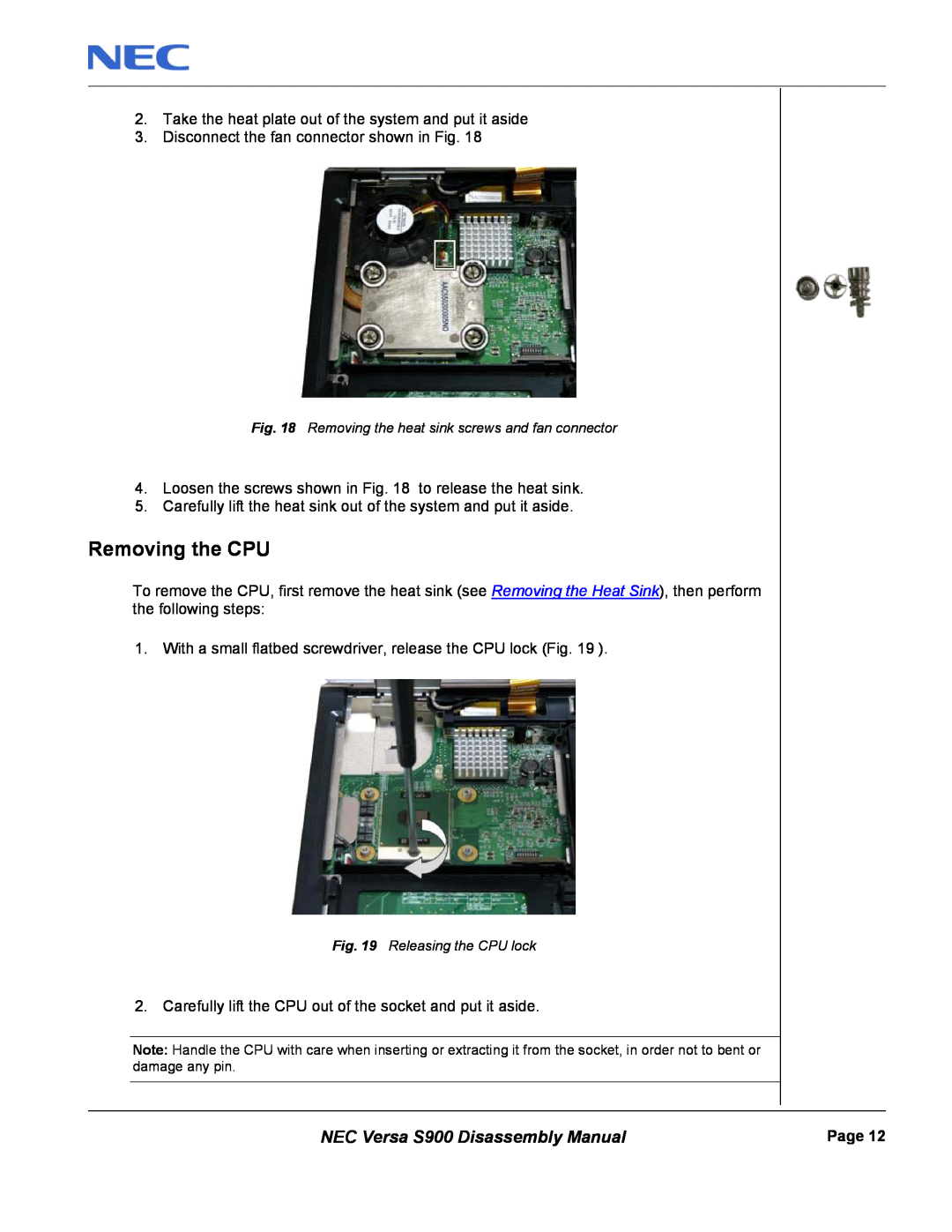 NEC manual Removing the CPU, NEC Versa S900 Disassembly Manual 