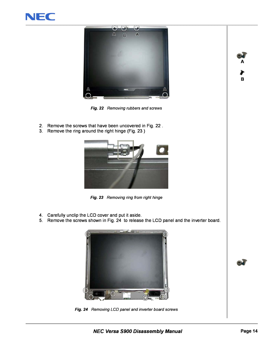 NEC NEC Versa S900 Disassembly Manual, Remove the ring around the right hinge Fig, Removing rubbers and screws, Page 
