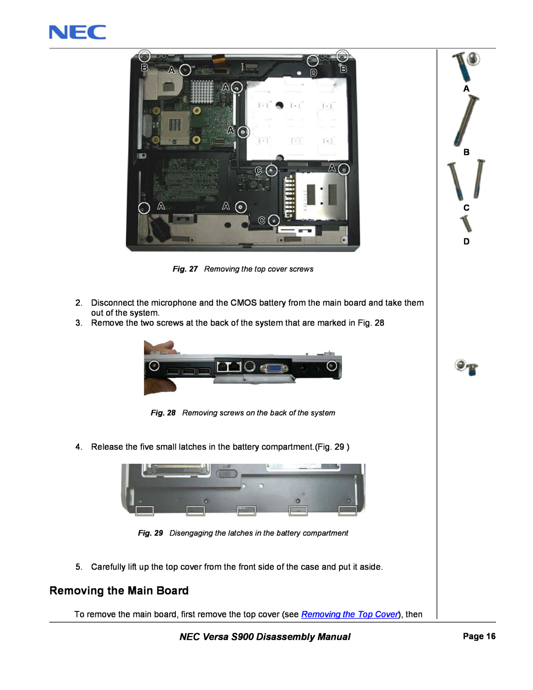 NEC manual Removing the Main Board, A B C D, NEC Versa S900 Disassembly Manual 