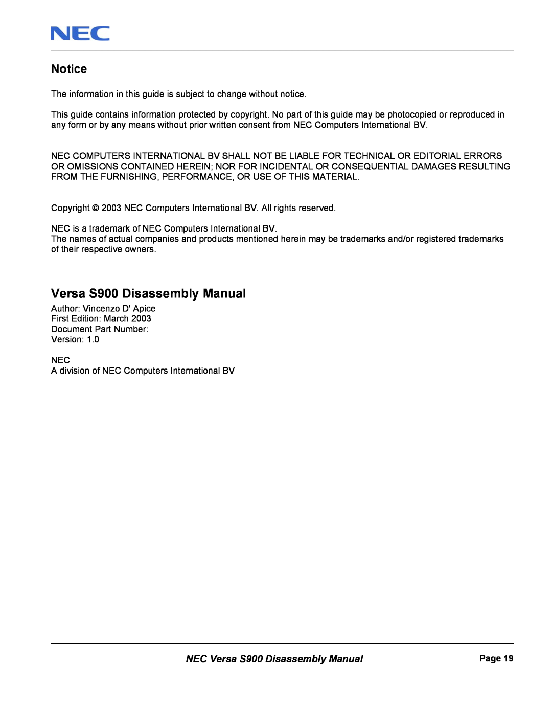 NEC manual Notice, NEC Versa S900 Disassembly Manual 