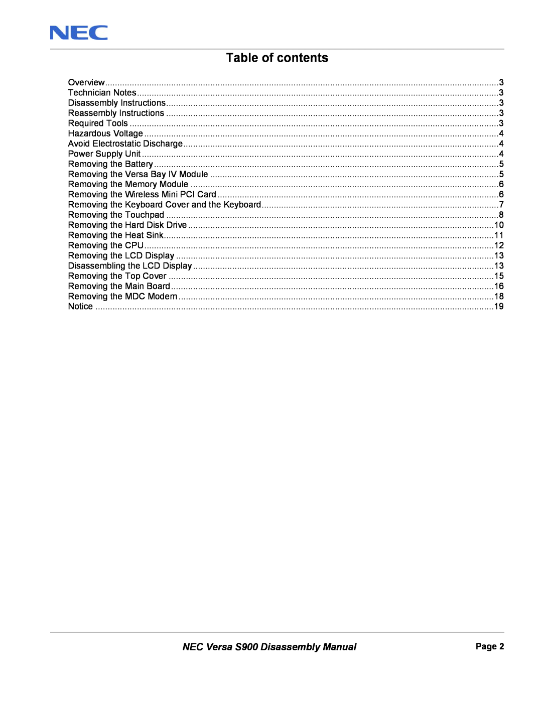 NEC manual Table of contents, NEC Versa S900 Disassembly Manual 
