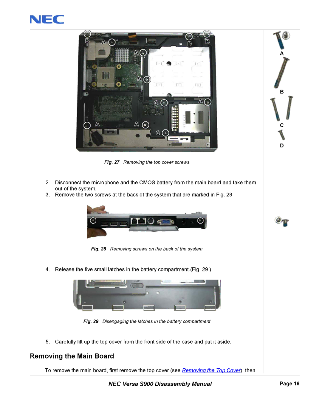 NEC S900 manual Removing the Main Board, Removing the top cover screws 