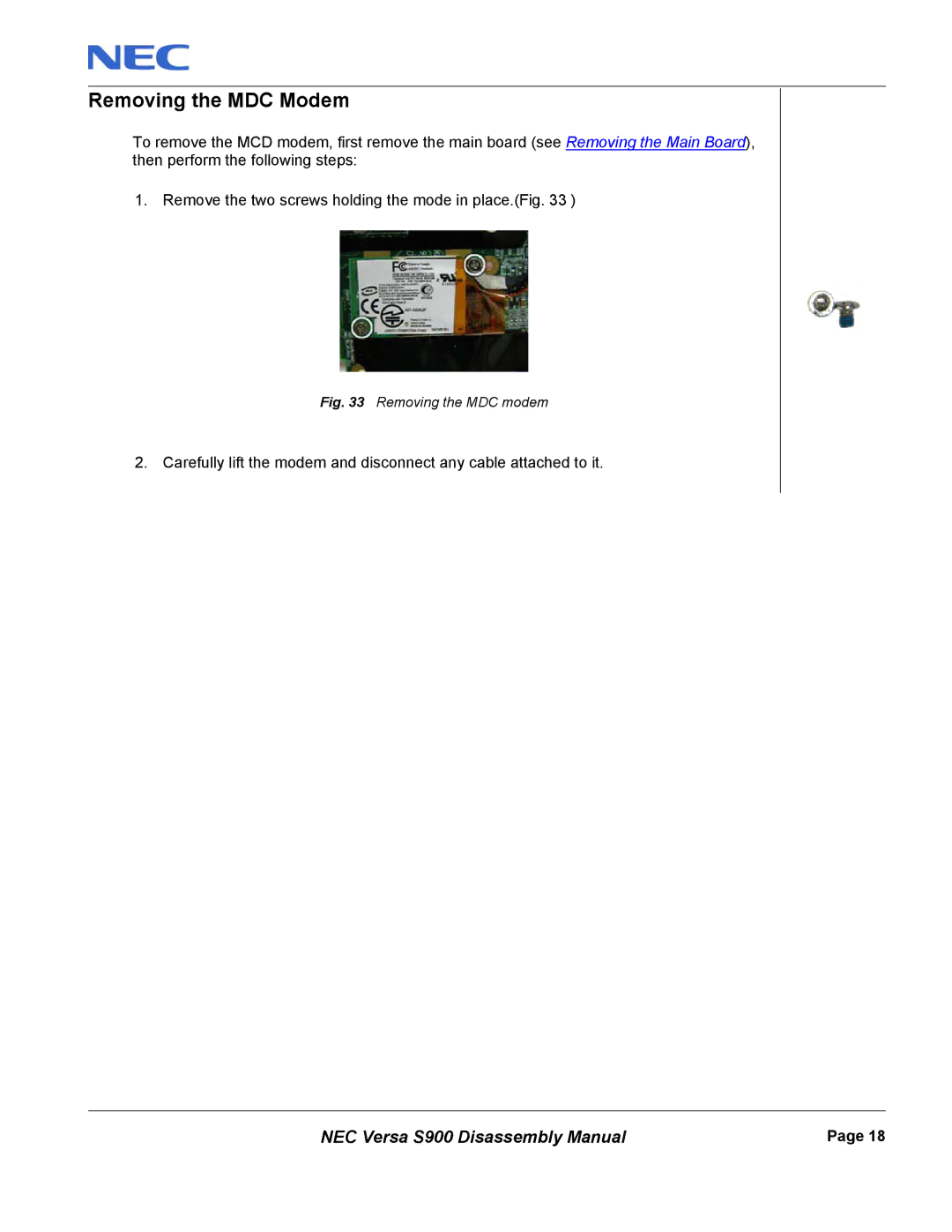 NEC S900 manual Removing the MDC Modem, Removing the MDC modem 